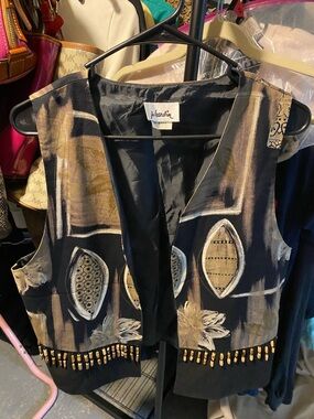 Jo Hardin Vintage Embellished Black & Beige Art Print Vest size 12